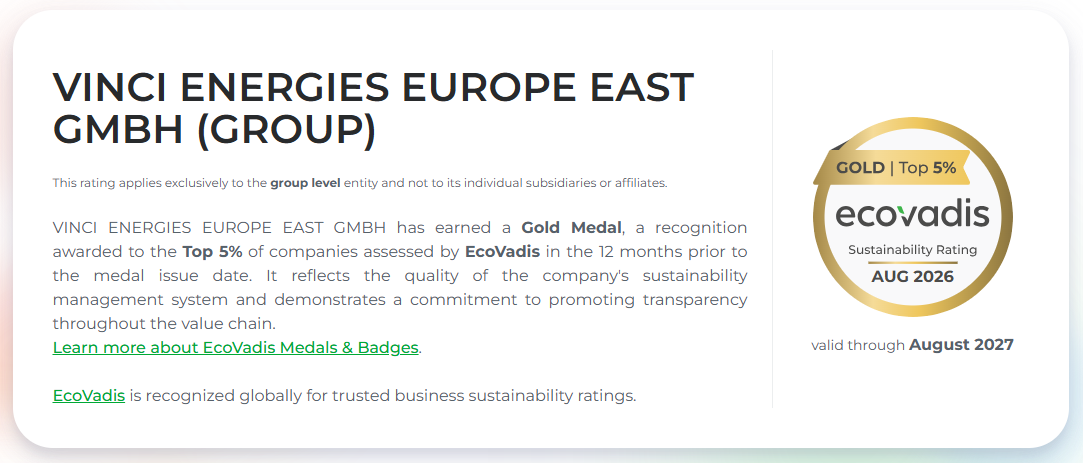 VINCI Energies Europe East erhält die EcoVadis-Goldmedaille und gehört damit zu den Top 5 % der bewerteten Unternehmen. Quelle: EcoVadis